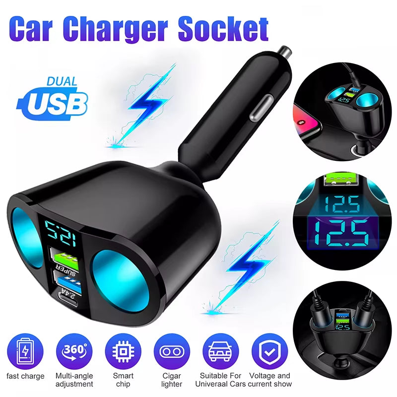 Multiple Devices Can Be Charged at the Same Time with Digital Display Car Charg Dual-Port Car Charger Adapter